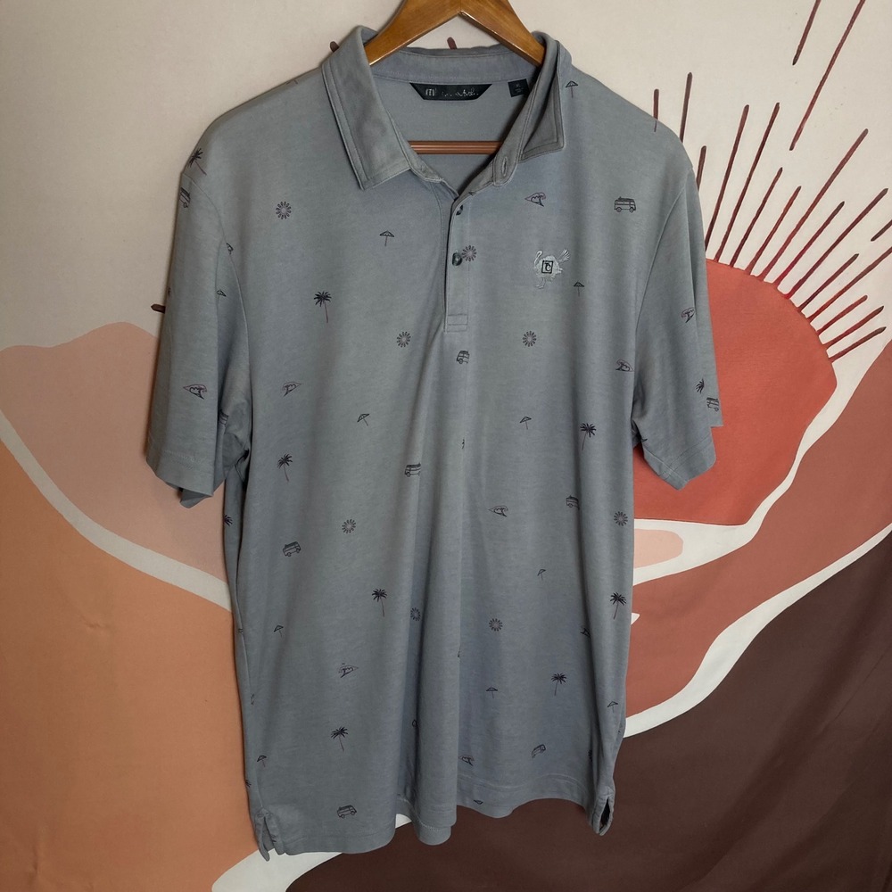 TravisMathew Mens Golf Polo Shirt XL Gray Palm Tree Umbrella‎ Print All Short